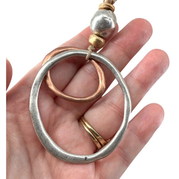 J. Jill Mixed Metal Necklace Double Circle Pendant Cord Adjustable Modern Earthy - Picture 8 of 11